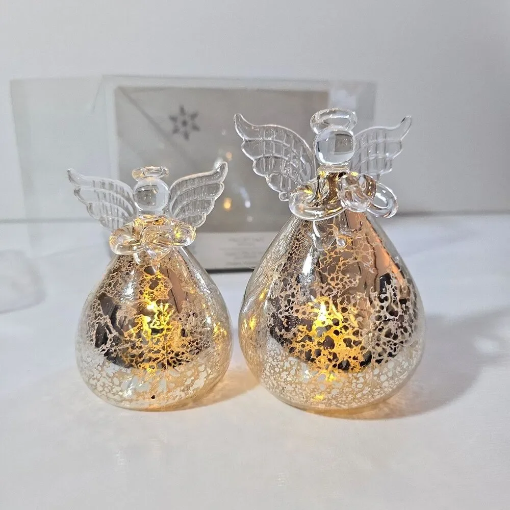 Handblown Mini Set 2 Glass Angels Light Up With Timer Pier One CHRISTMAS Open Bo